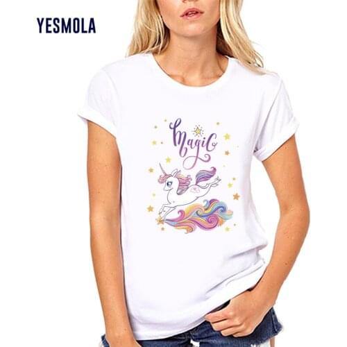 YESMOLA Womens T-shirt Summer Short Sleeves Unicorn Cartoon Printed Funny T Shirt Casual Cotton Shirts Female Harajuku Tops