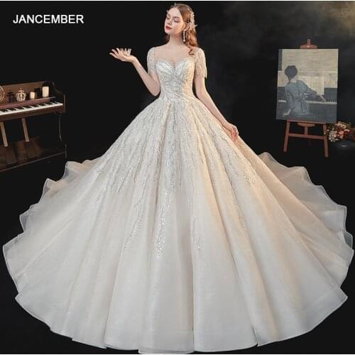 HLF14 Beading Wedding Dress Appliques Lace Short Sleeve High Waist Princess Ball Gown Robe Mariage Femme Noiva