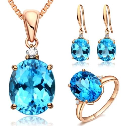 MOONROCY Rose Gold Color Blue Crystal Earring and Ring Necklace Wedding Jewelry Set Choker Oval for Women Gift Dropshipping