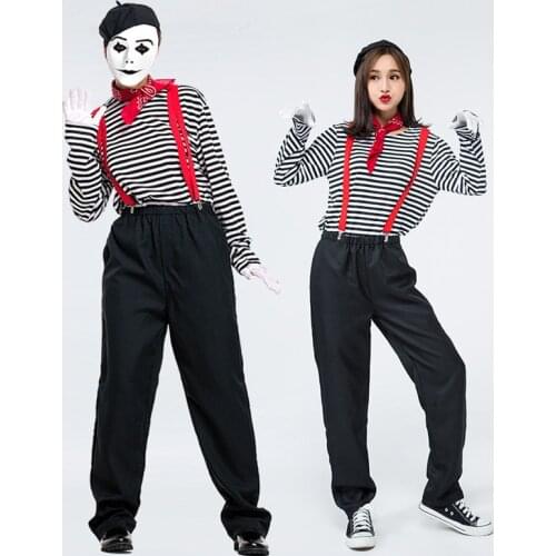 Adult Men Halloween Joker French Mimic Clown Couples Costume Mimes Artist Cosplay Clothing Striped Top Pants Kit For Ladies