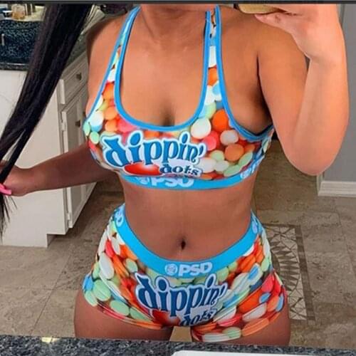 HHDMV PSD 2021 summer fashion hot sale sexy movement style sets sleeveless round neck top short pants printed two piece sets