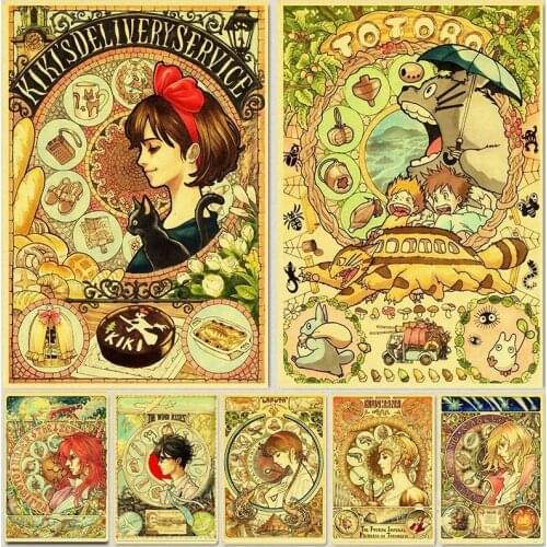 Cartoon Anime Hayao Miyazaki Totoro Spirited Away Totoro Poster Cafe Kid Home Decor Retro Kraft Paper Wall Decor