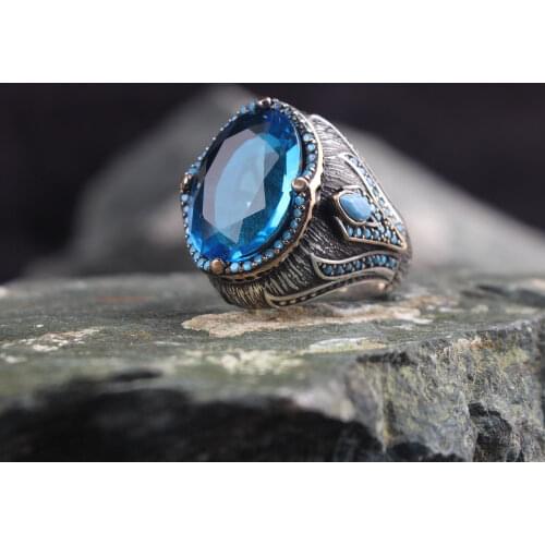 Blue Topaz GemStone Men Silver Ring, 925 Sterling Silver Topaz Ring, Topaz Stone Ring For Men, Aqua Blue Stone Silver Ring