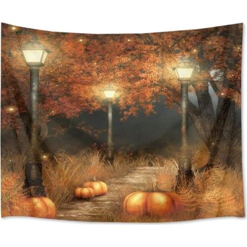 Thanksgiving Night Tapestry Wall Hangings Maple Trees and Pumpkins on The Footpath Wall Blanket