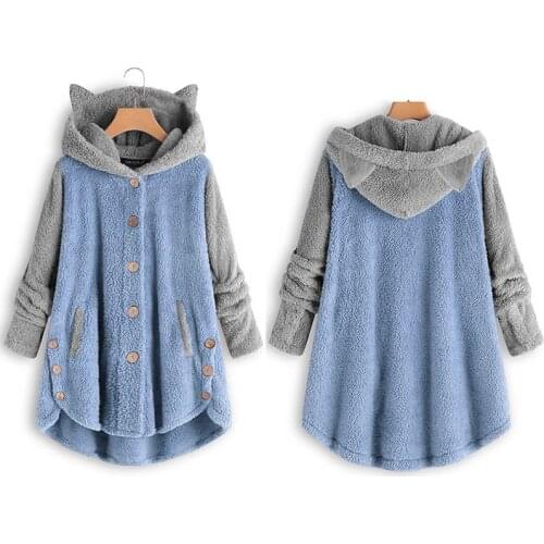 Fashion Plush Coat Women Button Hooded Jackets Autumn Winter Animal Ear Hat Coat Ladies Faux Fur Loose Splice Color Overcoat