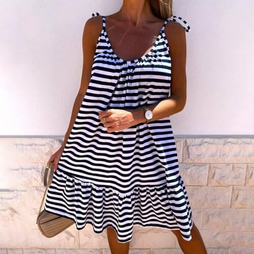 Loose Casual A-line Dress Women Striped Ruffle Sexy Spaghetti Strap Dresses Summer Sleeveless Lace-up Beach Dress Woman 2021