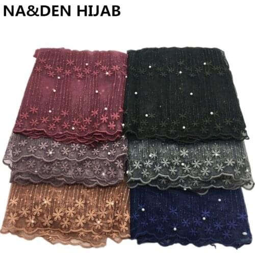 NEW Fashion luxury floral lace with plain solid viscose shawl pearls foulard muslim echarpe women scarf hijabs bandana 10pcs
