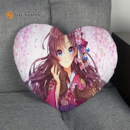 Custom Pillowcase Cover anime beautiful girl japanese Heart Shape zipper Pillow Cover Best Gift Size 41x36cm,47x42cm