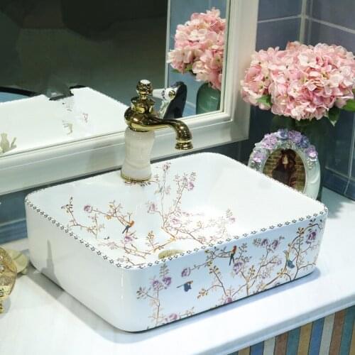 Rectangular Europe style chinese wash basin Jingdezhen Art Counter Top ceramic basin sink painted hand washbasin bathroom sinks