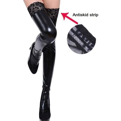 Sexy Women Faux Leather Lace Top Thigh High Stockings Stay Up Opaque Black Wetlook Thigh-High Tights Fetish Play Lingerie
