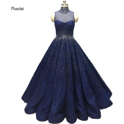 2017 Custom Made Stunning Navy Blue Evening Dresses High Collar Sheer Back Sleeveless Crystals Wedding Party Dress Real Picture