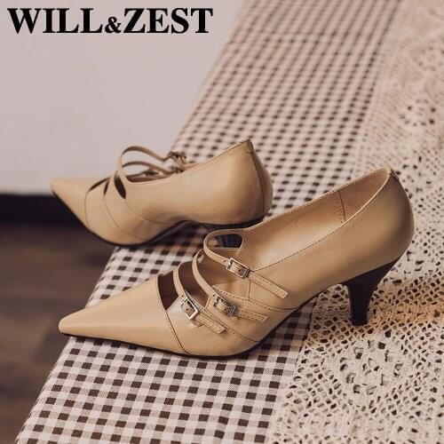 Will&Zest Leather Strappy Sexy Pumps Kitten Heels Pointed Toe Sandal WomenS Beige Elegant Office Summer Shoe 2020 WomanS Dress