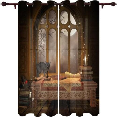 Castle Window Desk Moon Cat Book Curtains for Bedroom Kids Room Living Room Window Curtain Luxury Curtains for Kitchen