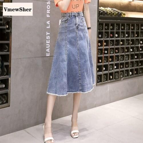 VmewSher New 5XL Autumn Spring Women Denim Skirt Plus Size Elegant Pockets Fashion Office Lady Mid-calf Long Jean Skirts Casual