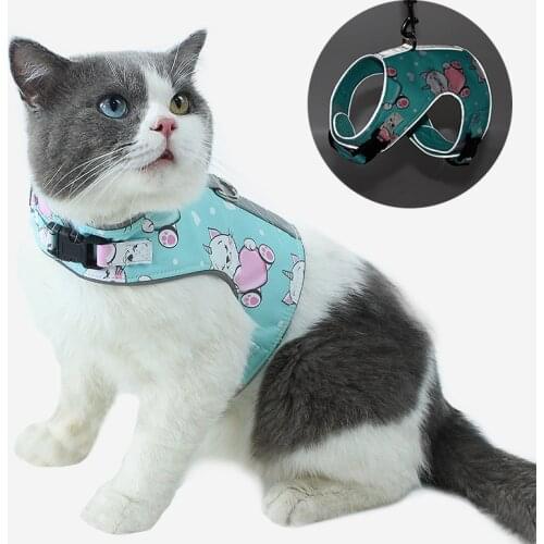 Cute Printed Cat Dog Adjustable Harness Vest Walking Lead Leash For Puppy Dogs Collar Polyester Mesh Harness For Small Dog Pet