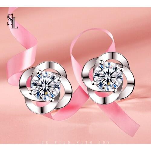 SL Newest Fashion Korean Style Jewelry Silver color Cubic Zircon Rose Shaped Stud Earrings for Women Lovely Studs for Lady