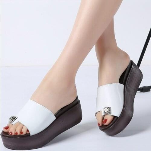 STQ 2019 Summer women slippers genuine leather Thick Soled flip flops shoes Women Wedges Slippers black white slides sandals S66