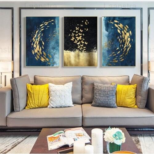 Golden Swimming Fish Group Living Room Canvas Painting Flying Butterflies Group Home Decoration Painting Ink Blue Background
