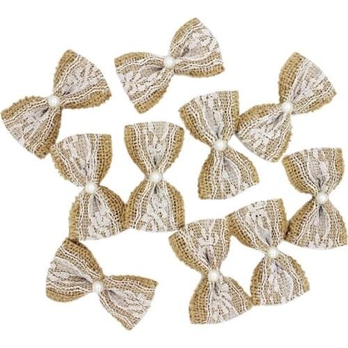10Pcs Vintage Natural Jute Burlap Hessian Bows Lace Ribbon Wedding Decoration Rustic Mariage Jute Burlap Ribbon Bow Knot