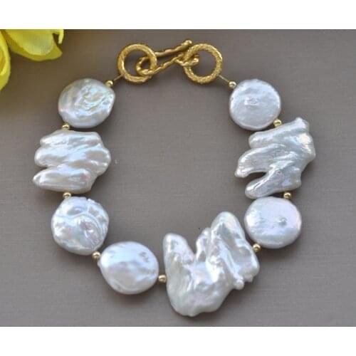 Z10672 8" 24mm Baroque White Reborn Keshi Coin Pearl Bracelet