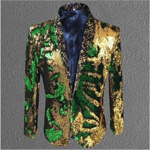 Jacket sequin Gold Green Blazer men Suit Coat Male Costume Prom Wedding Groom Outfit Singer Black Party Stage