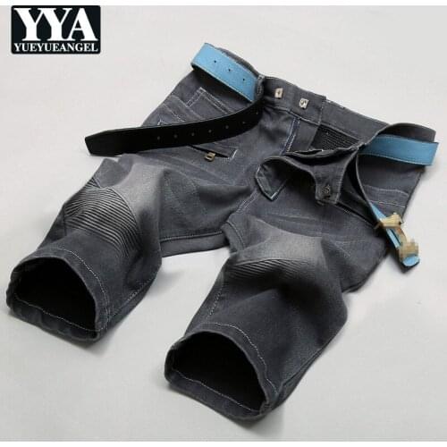 Fashion Plus Size 44 Mens Knee Length Short Jeans Grey Pleated Casual Straight Denim Pants Male Streetwear Cowboy Trousers