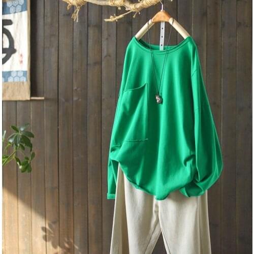 Oversized Long Sleeved T-shirt 2021 Spring Pocket Design Round Neck Tshirts Loose Mid-Length Korean Style Top