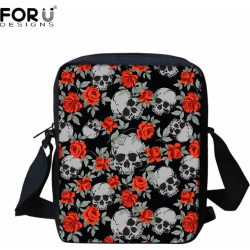 FORUDESIGNS Punk Skull with Floral Pattern Canvas Crossbody Shoulder Bags for Teen Girl Student Mini Travel Messenger Bag bolso