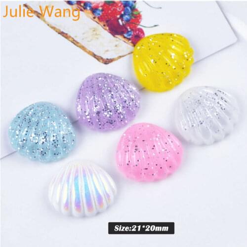Julie Wang 6pcs 20x21mm Resin Sequin Shell Ocean Cabochon Slime Charms Pendant Jewelry Making Accessory Phone Case Decor