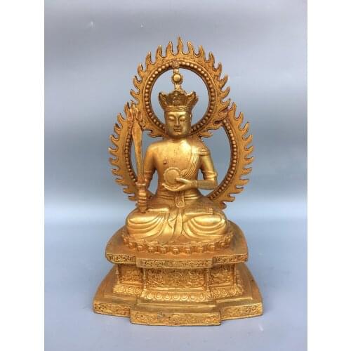 9"Chinese temple collection Old Bronze Gilt Fudo Mingwang Ksitigarbha Back light Sitting Buddha Enshrine the Buddha