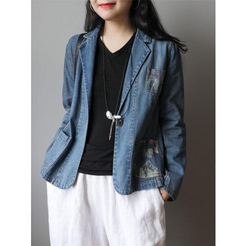 Cotton Denim Print Pocket Jacket Spring New Retro Literary Long-sleeved Wild Shirt Womens Clothing Jeans Blazer Femme Tops R182