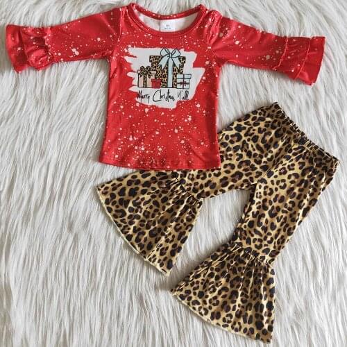 Hot Sale Kids Clothes Fashion Ruffle Top Bell Bottom Pants Present Design Christmas Baby Girls Boutique Outfits Clothing Sets