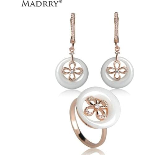 Madrry Ceramic Dangler Earrings Ring Jewelry Sets AAA+ Zircon Flower Dangle Earring Porcelain Copper Wedding Jewelry For Women