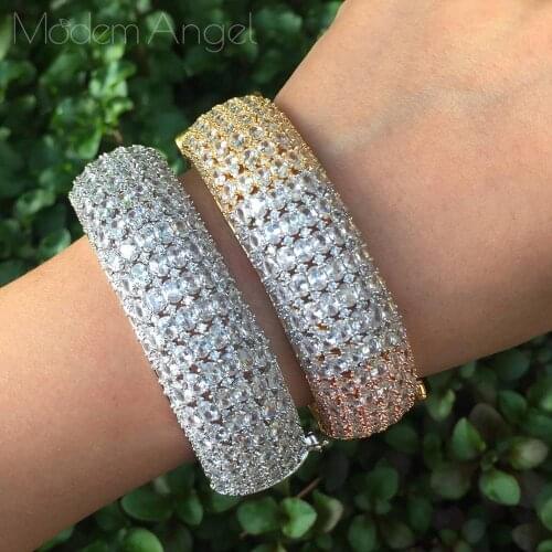 ModemAngel Fashion Luxury Super 3 Tone Flowers AAA Cubic Zirconia Bangle And Ring Set Women Engagement Party Width Bracelet
