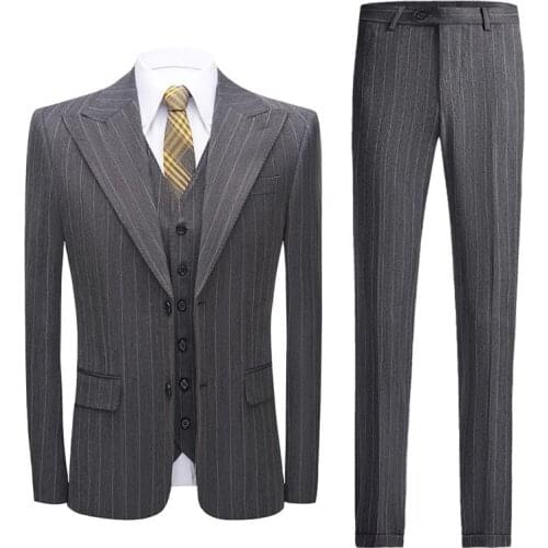 Fashion Grey Striped Men Suits For Wedding Double Splits Mens Pinstripe Suits Costume Homme 3 Pieces Formal Business Suit Male