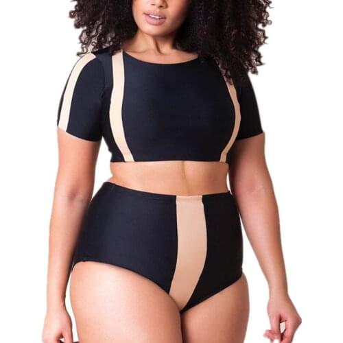 The New Size Swimwear Womens Split Swimsuit Size Fat Woman Collage High Waist Bikini Half-sleeve Swimwear Plus Size