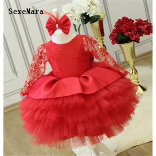 Cute baby tutu 1st birthday party dress long sleeve girl dress for special occasion with big bow