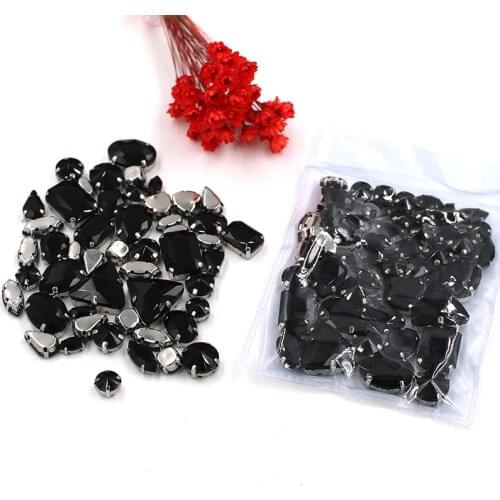 Sell at a loss! 50pcs/bag high quality mixed shape faltback sew on black glass crystal rhinestones diy clothing accessories