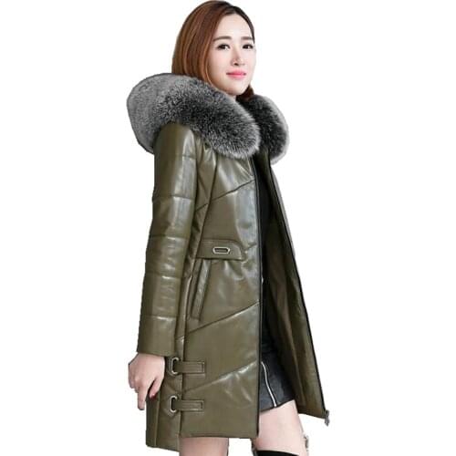 Luxury Genuine Sheepskin Leather Suede Down Parkas Coat Jacket With Fox Fur Hoody Winter Women Outerwear Coats Plus Size LF9031