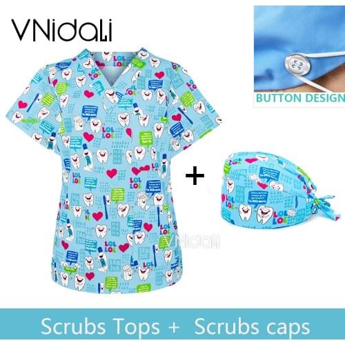 Dentist scrub top Operating room surgical gown women short sleeve doctor nurse pet dental oral work clothes 3 Pocket V-Neck