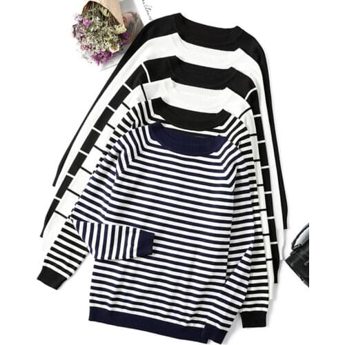 2021 Autumn Winter Long Sleeve Striped Pullover Women Sweater Knitted Sweaters O-Neck Tops Korean Pull Femme Jumper Female White