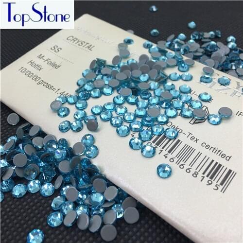 TopStone Aquamarine HotFix Rhinestones Flatback Glass Crystal Iron On Stone For Luxury Dress Clothing ss6-ss30