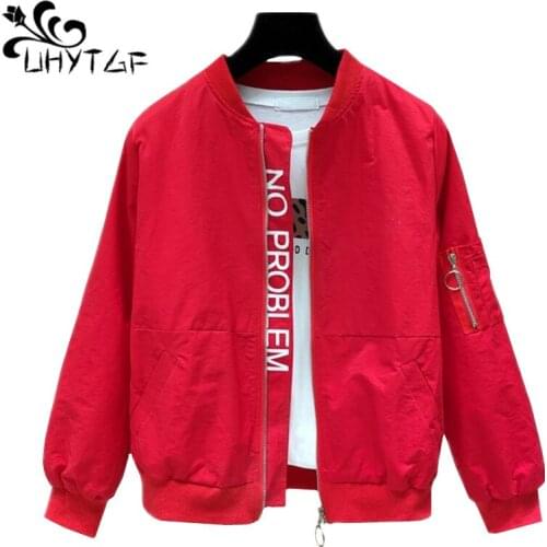 UHYTGF Casual short jacket women Korean loose spring autumn coat outerwear fashion zipper bomber jacket women plus size tops 987