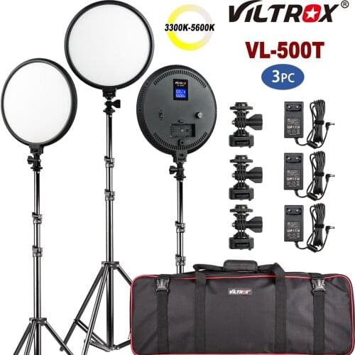 VILTROX VL-500T 3pcs 3300K-5600K LED Video Light Kit CRI 95+ Photography Round Light Set With Tripod AC Adapter for Photo Studio
