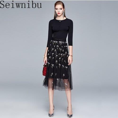Runway High Quality Women Knit 2-Piece Set Chic Elegant O-Collar Slim Pullover+High Waist Flower Embroidery Skirt Lady Party Set