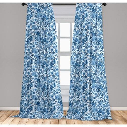 Blue Floral Window Curtains Russian Traditional Composition with Birds Flowers Oriental Window Drapes with Rod Pocket