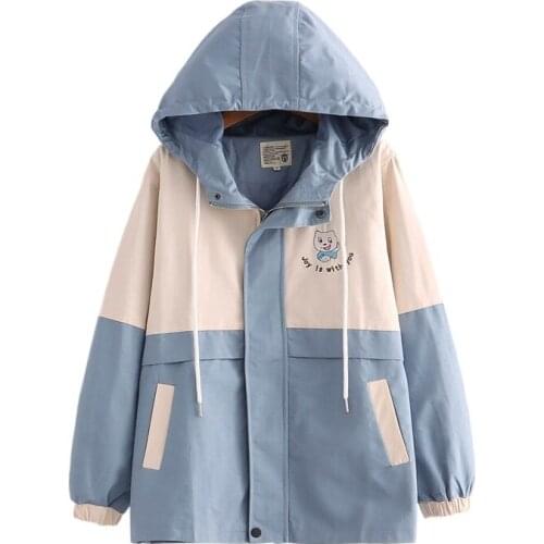 Women Jackets Coats Cartoon Bear Embroidery Zipper Coat 2021 Autumn Long Sleeve Kawaii Cute Sweet Style Hooded Outerwear