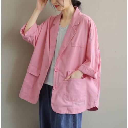 Women Cotton Linen Casual Blazer Jackets New 2021 Spring Simple Style Solid Color Loose Female Outerwear Coats