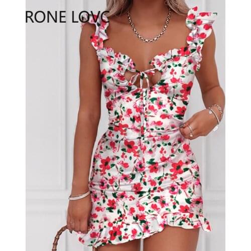 Women Spaghetti Strap Floral Print Tied Detail Ruffles Dress Mini Dress Bodycon Elegant Fashion Sweet Dress