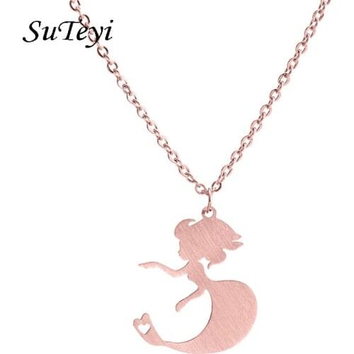 SUTEYI Trendy Rose Gold Princess Necklace For Women Girl Fairy Mermaid Stainless Steel Pendant Necklace Newest Jewelry